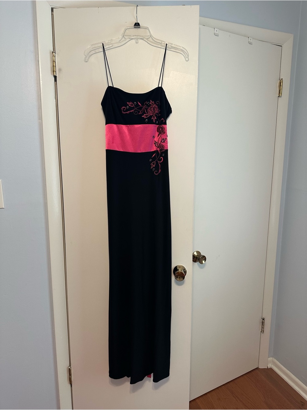 Dave & Johnny Black Dress with Hot Pink Waistband and Floral Detail